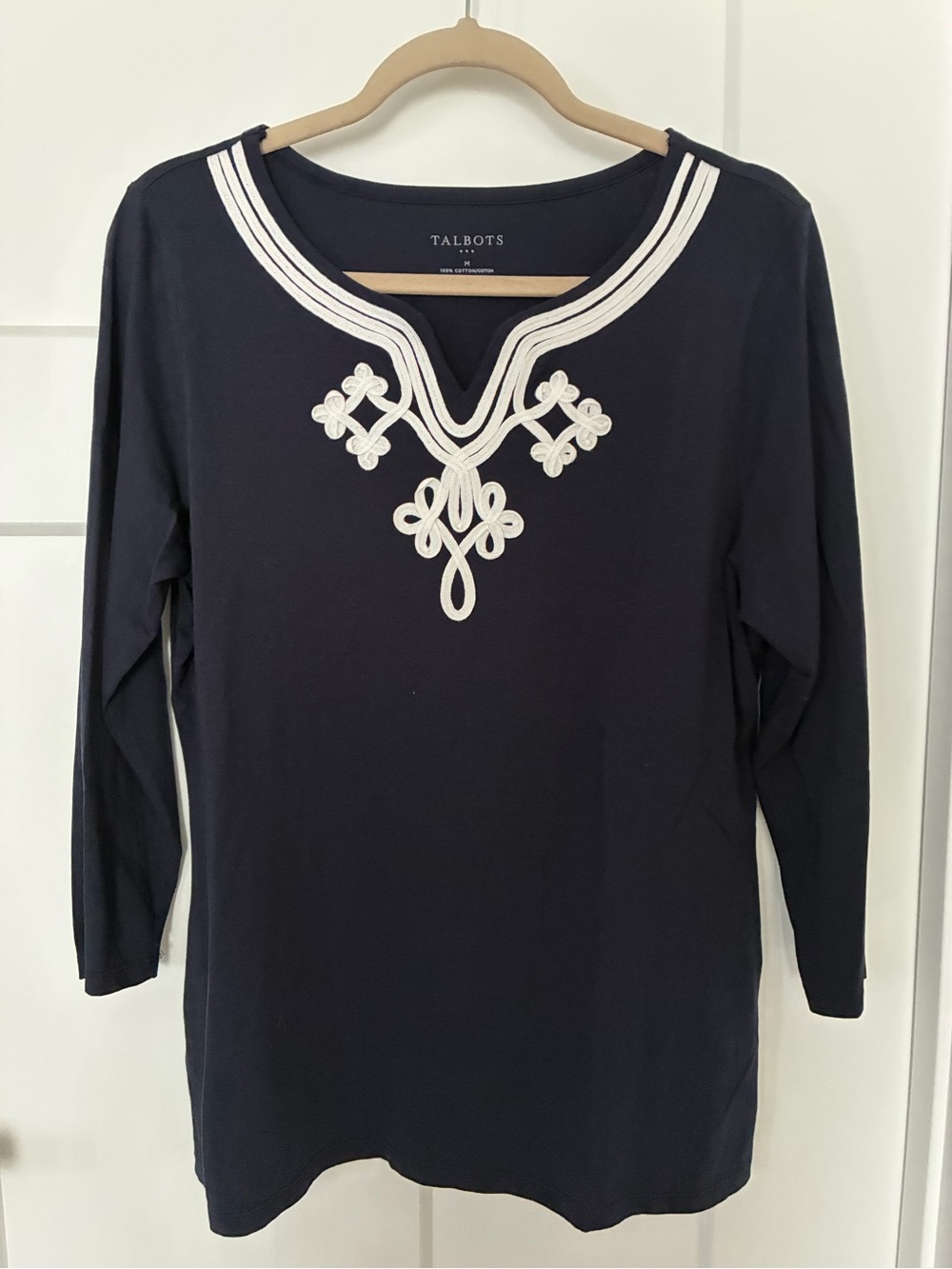 Talbots Navy Long Sleeve Tunic with White Embroidered Yoke